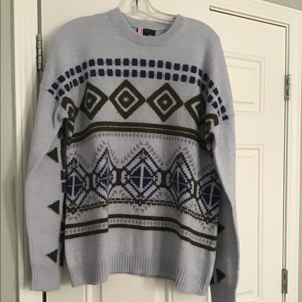 Patterned long sleeve, soft blue crew neck sweater